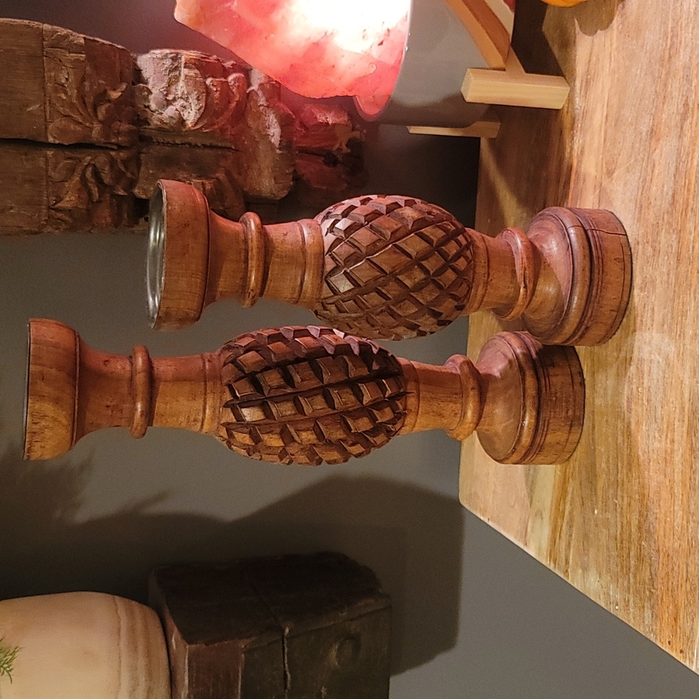 Final $! Vintage ihi India candlestick holders 2 pineapple diamond design wood